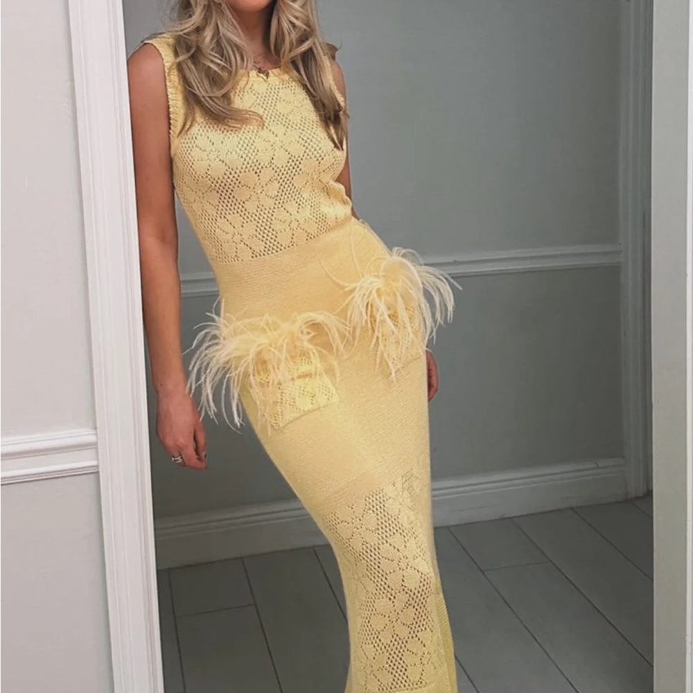 Andreeva Butter Yellow Sleeveless Dress with Feather Detail